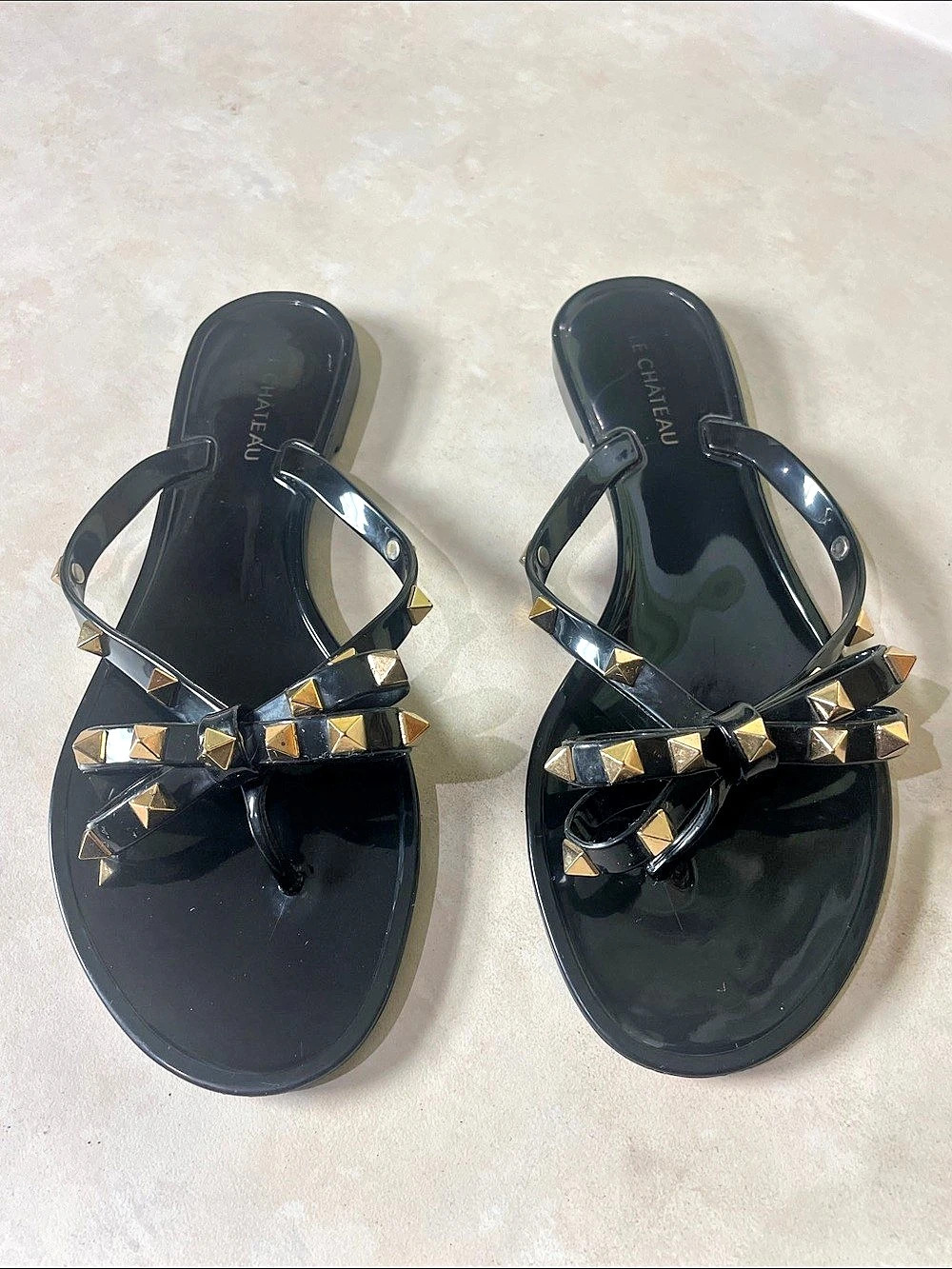 Le Château Studded Black Flat Sandals US Size 7.5
